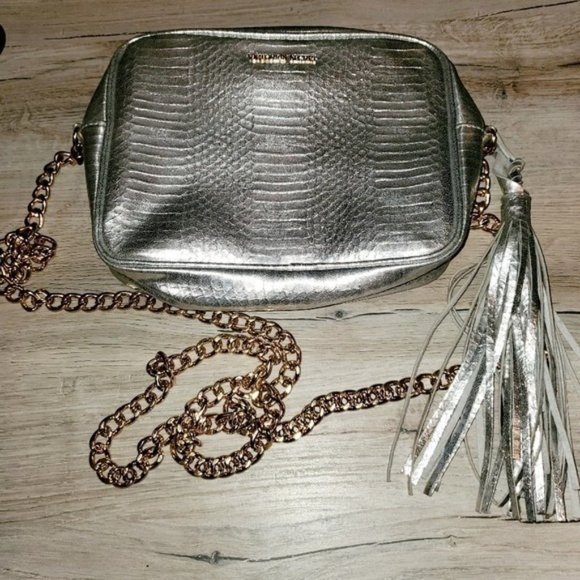 Victoria's Secret Handbags - Victoria's secret cross body silver bag gold chain purse night out zip closure